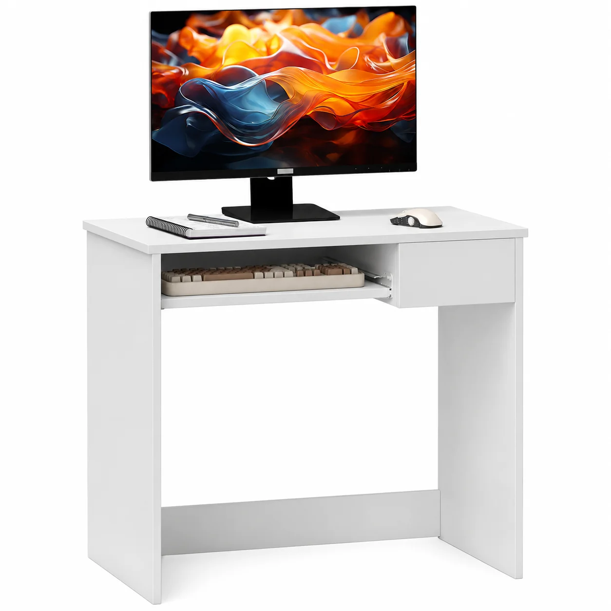 80cm Compact Computer Desk with Keyboard Tray and Drawer, White Home Office Desk for Small Spaces, Study, Bedroom, Writing Table with Storage, Easy Clean Particle Board