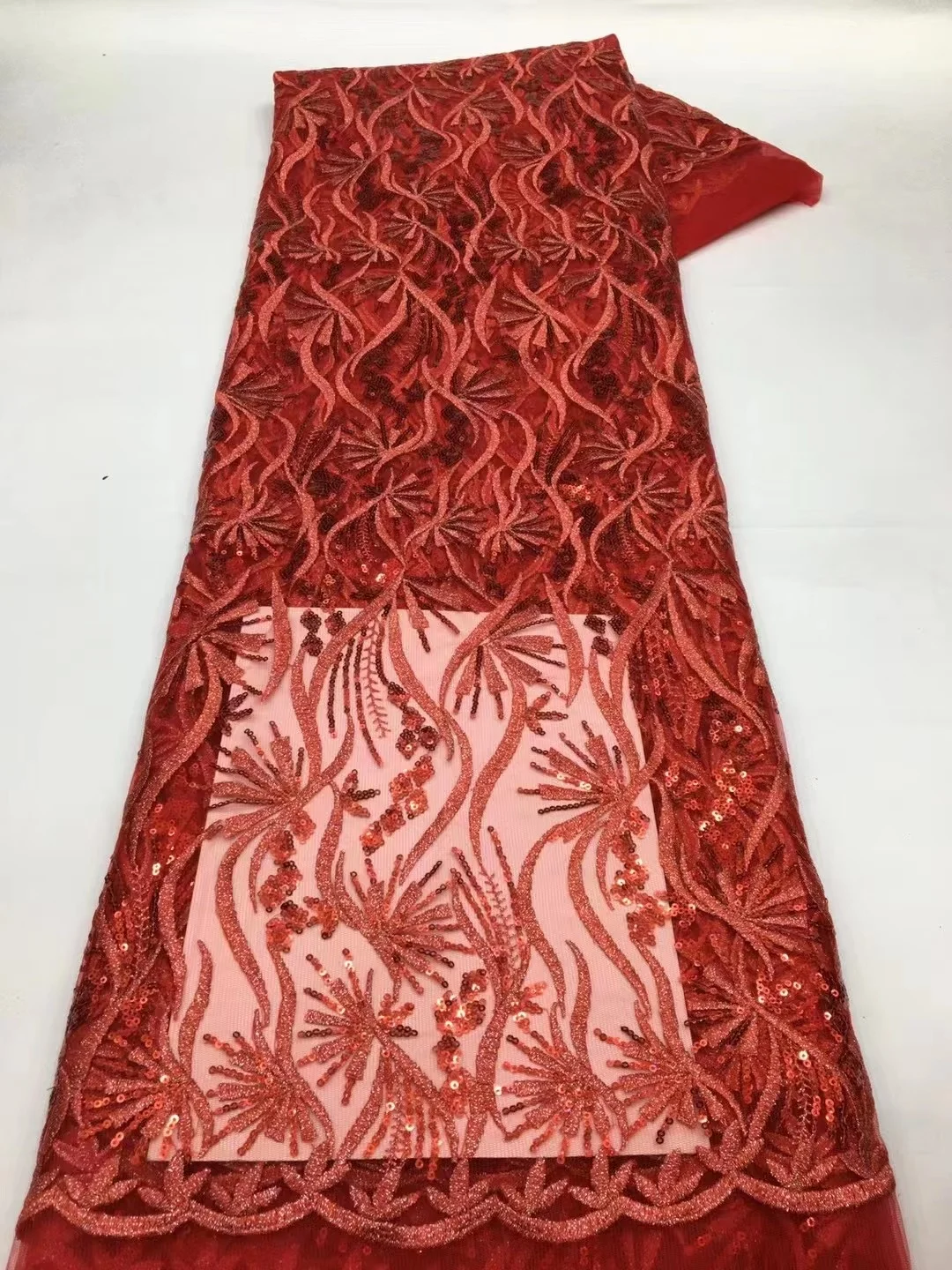 

Fashion Red African French Lace Fabrics 2023 High Quality Shiny Sequins Lace Mesh Lace Fabrics For Nigerian Wedding Dress