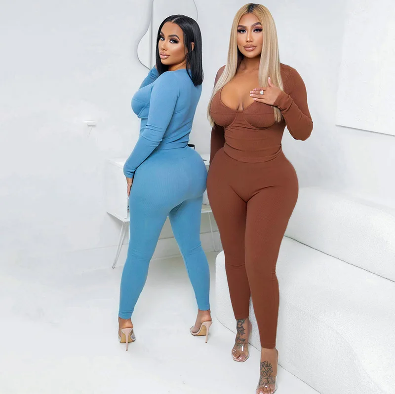 

Slim Bodysuit Shirt + Long Pants Soldi Color Matching Set Clothes For Women Outfit Casual Women Tracksuit Two Piece Set