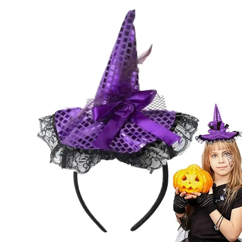 Witch Hat Headband Hat Hoop Band Sequins Lace Halloween Headbands Elegant Headwear Hair Hoop Costume For Halloween Christmas