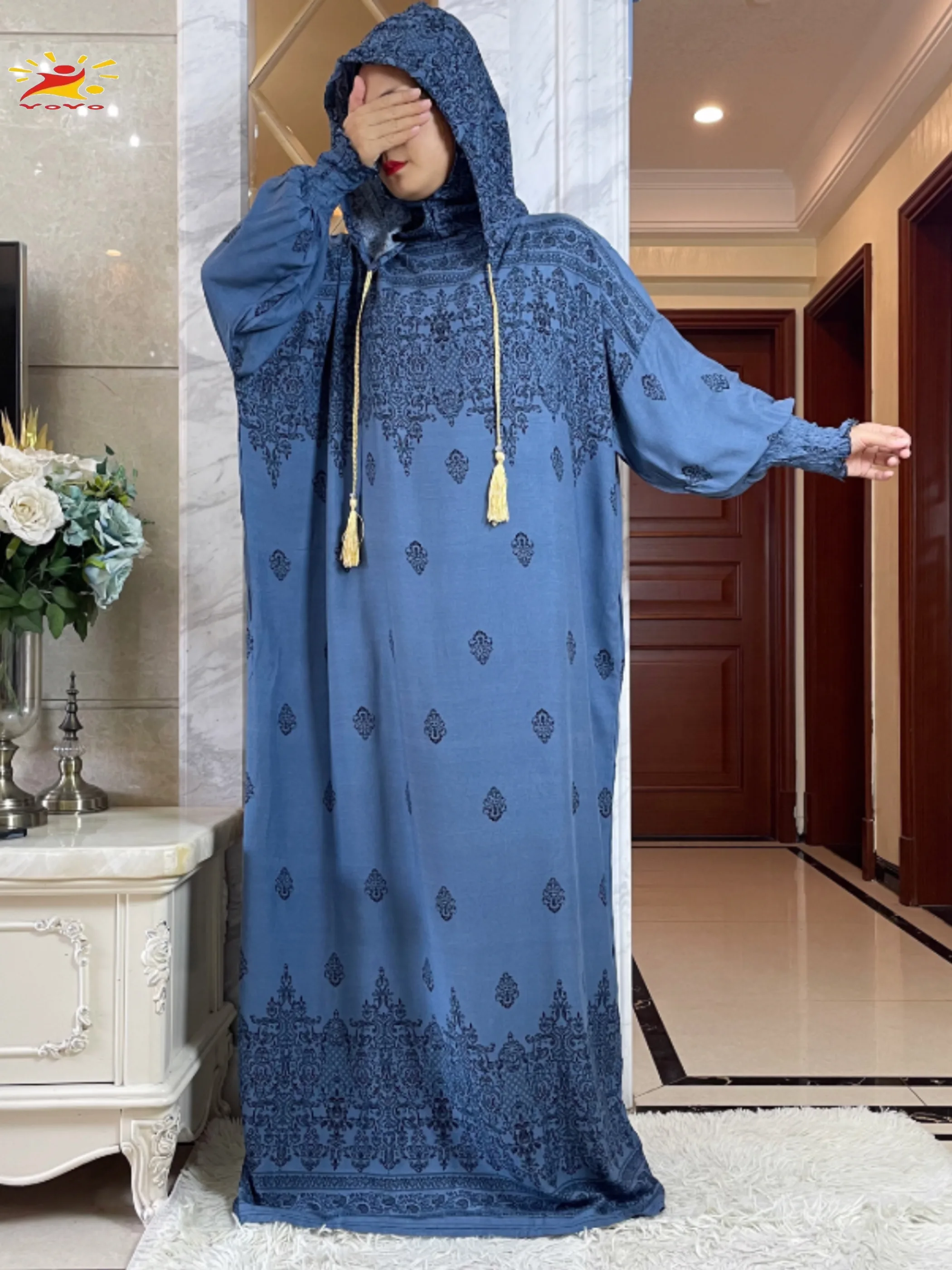 Newest Muslim Hijab Long Sleeve Women Eid Hooded Two Hats Cotton Loose Dress Dubai Islamic Maxi Arab Robe African Abaya Clothing muslim headwear muslim dress muslim robe muslim sets