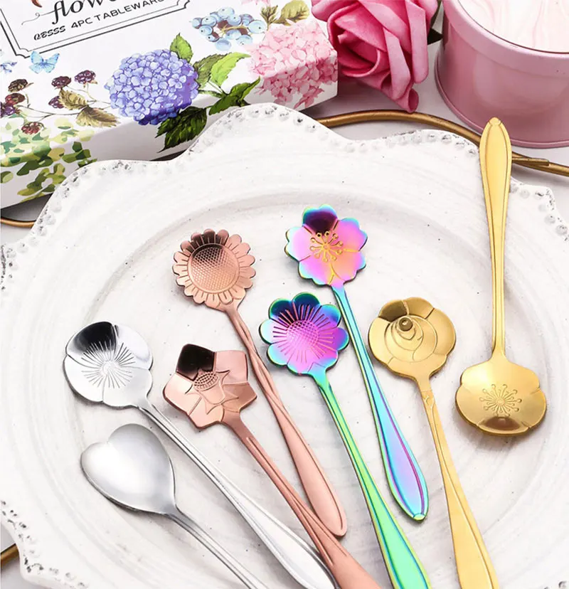 8Pcs Kleine Blume Teelöffel Edelstahl Kirsche Rose Blume Kaffee Löffel Geschenke Küche Dessert Zubehör Geschirr Dekoration Set – Detail 1