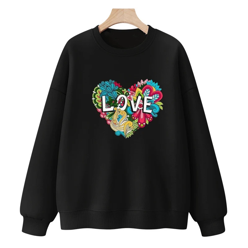 

500g High Quality Cotton Men Women Hoodies Versatile Casual Crewneck Sweatshirts Long Sleeve Flower Love Heart Print Pullover