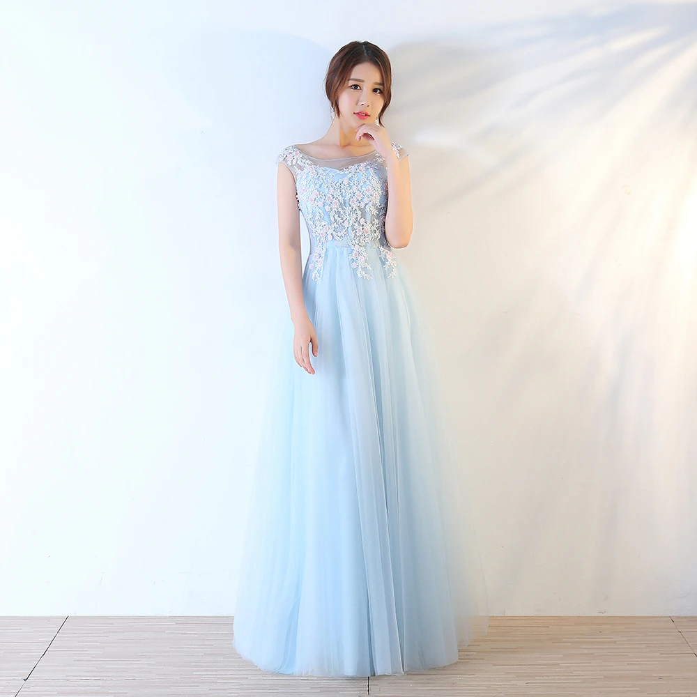 ball gown prom dresses Sky Blue Prom Dresses For Graduation Party Elegant Scoop Neck A-Line Floor-Length Appliques Tulle Evening Gowns Long blue prom dresses