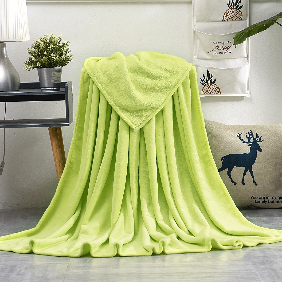 Light Green Fluffy Winter Plaid Warm Soft Coral Fleece Blanket