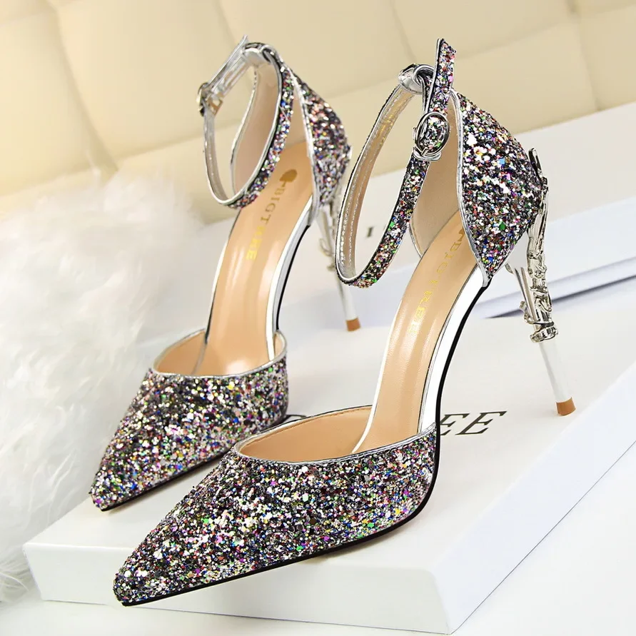 

Sandals For Women Party Club Shoes Fashion Pointed Toe 7.5cm High Heels Summer Woman Office Shoes Blingbling Sexy Female Sandale