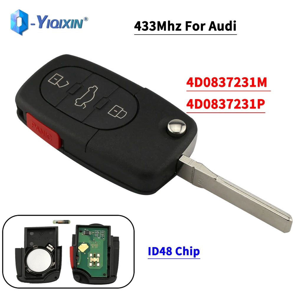 YIQIXIN Smart Fob 3+1 Buttons For Audi A3 A4 A6 A8 TT Allroad Quattro 4D0837231M 433Mhz Flip Remote Car Key ID48 Chip 4D0837231P yiqixin 3 button remote key 433mhz keyless entry fob id48 transponder chip for audi a2 a3 a4 a6 a8 tt old models 4d0 837 231 k