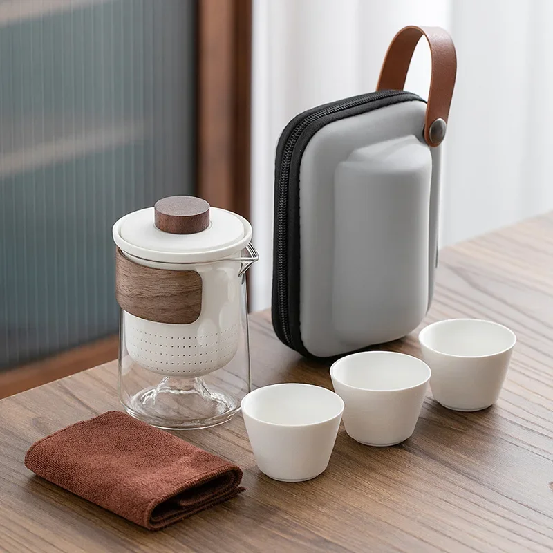

Kuai Ke Cup Travel Tea Set Carrying Bag Kung Fu Tea Cup Glass 1 Pot 3 Ceramic Cup Outdoor Teapot Small Set Cup Set