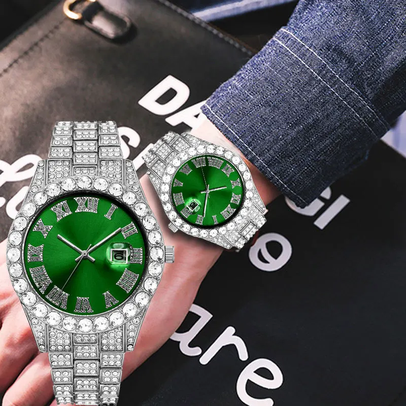 

Famous Brand Lced Out Men Watch Full Diamond Calendar Roman Digital Waterproof Hip Hop Stainless Steel Male Quartz Wristwatches