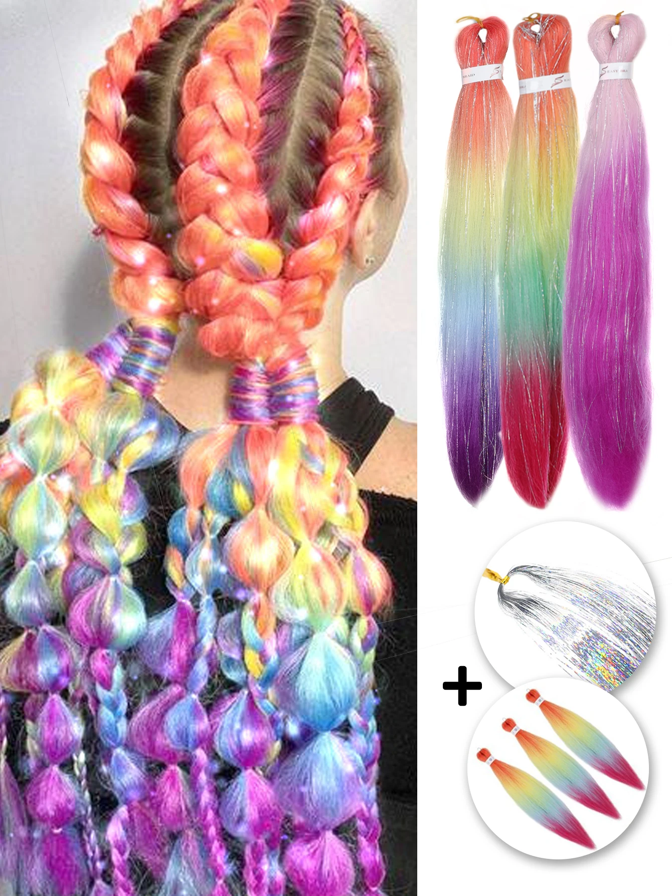 

30 inch ombre laser glitter braid extensions high temperature synthetic colorful synthetic braids for women and girls