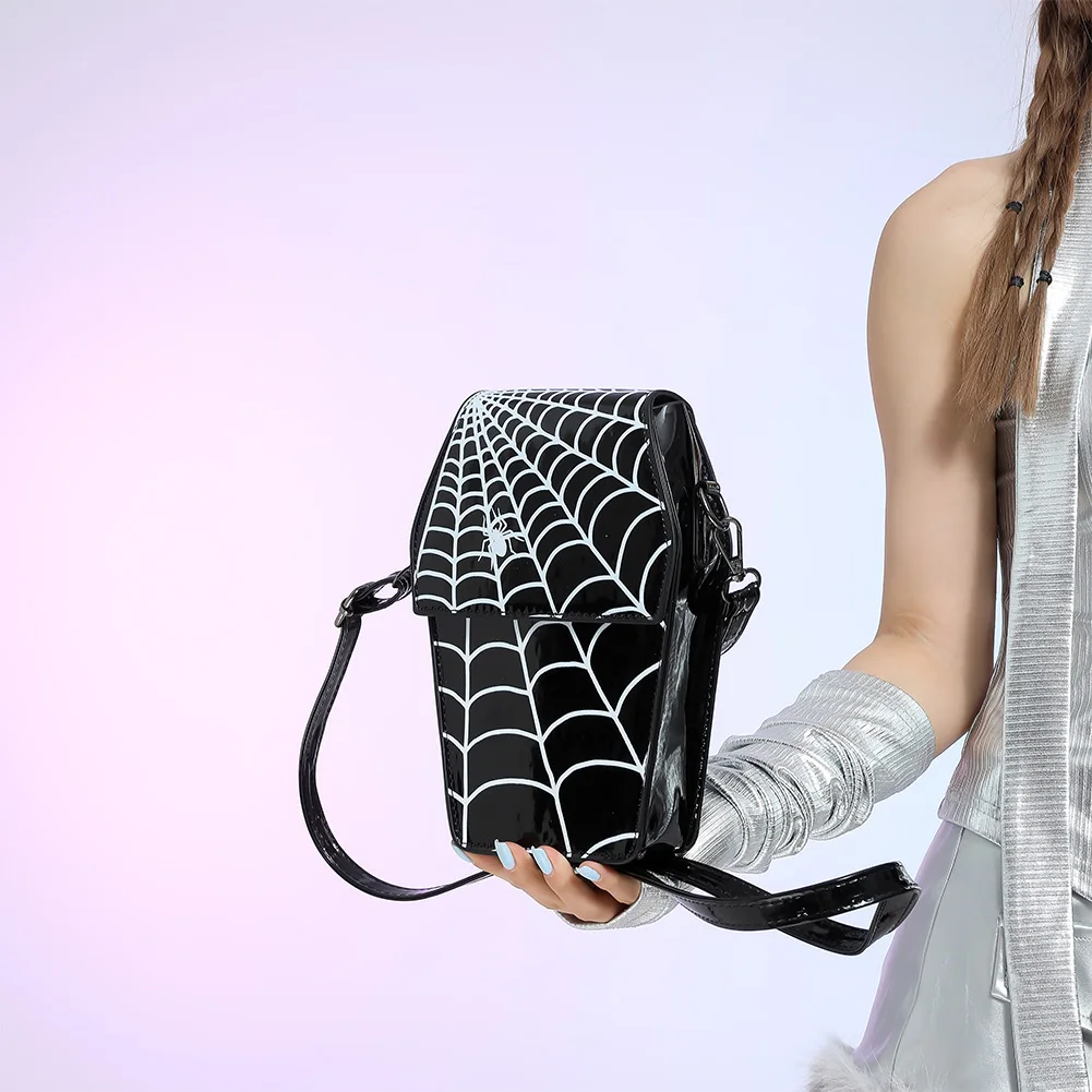 Halloween Bags for Women Gothic Coffin Shape Crossbody Bags Spider Web Pattern Handbag Purses Phone Bag PU Leather Shoulder Bag