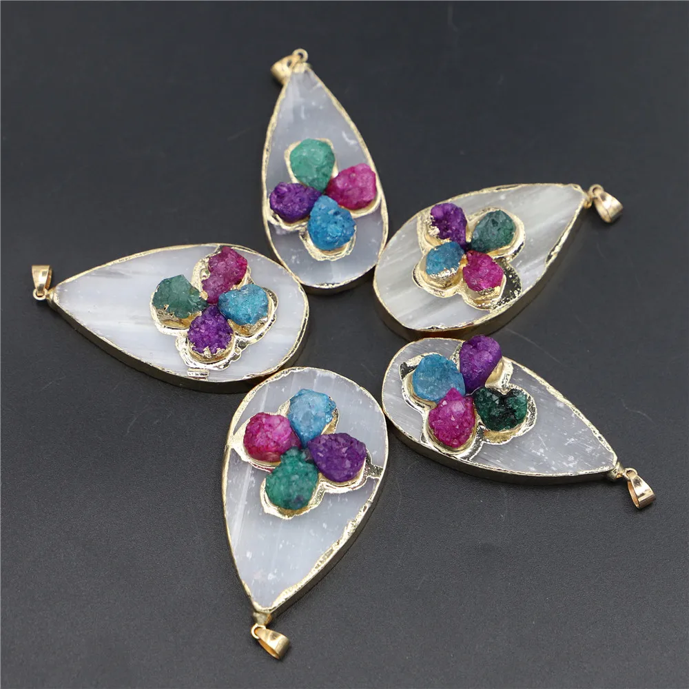 Natural Stone Rectangle Plaster Gypsum Ore Colorful Agate Pendants Making Plated Drop Gold Necklace Women Jewelry Wholesale 5PCS