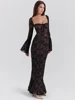 Mozision Lace Print Long Flare Sleeve Sexy Maxi Dress For Women Fashion Square Collar Backless Bodycon Club Party Sexy Dress 2