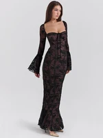 Mozision Lace Print Long Flare Sleeve Sexy Maxi Dress For Women Fashion Square Collar Backless Bodycon Club Party Sexy Dress 2