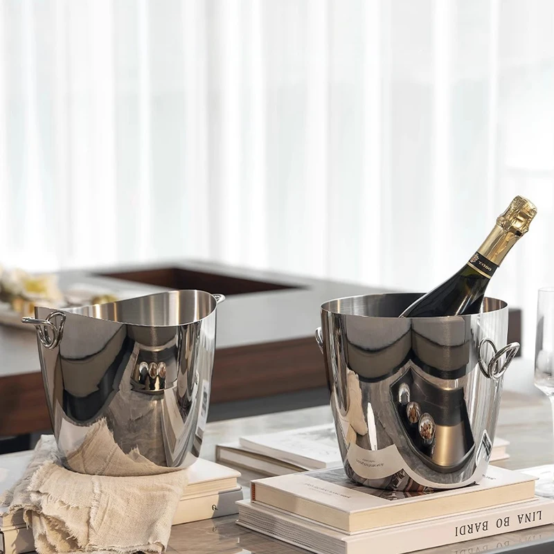 Stainless Steel Ice Bucket Handle Champagne Bucket Beer Cooler Luxury Bar Accessories Home Decoration Party Restaurant