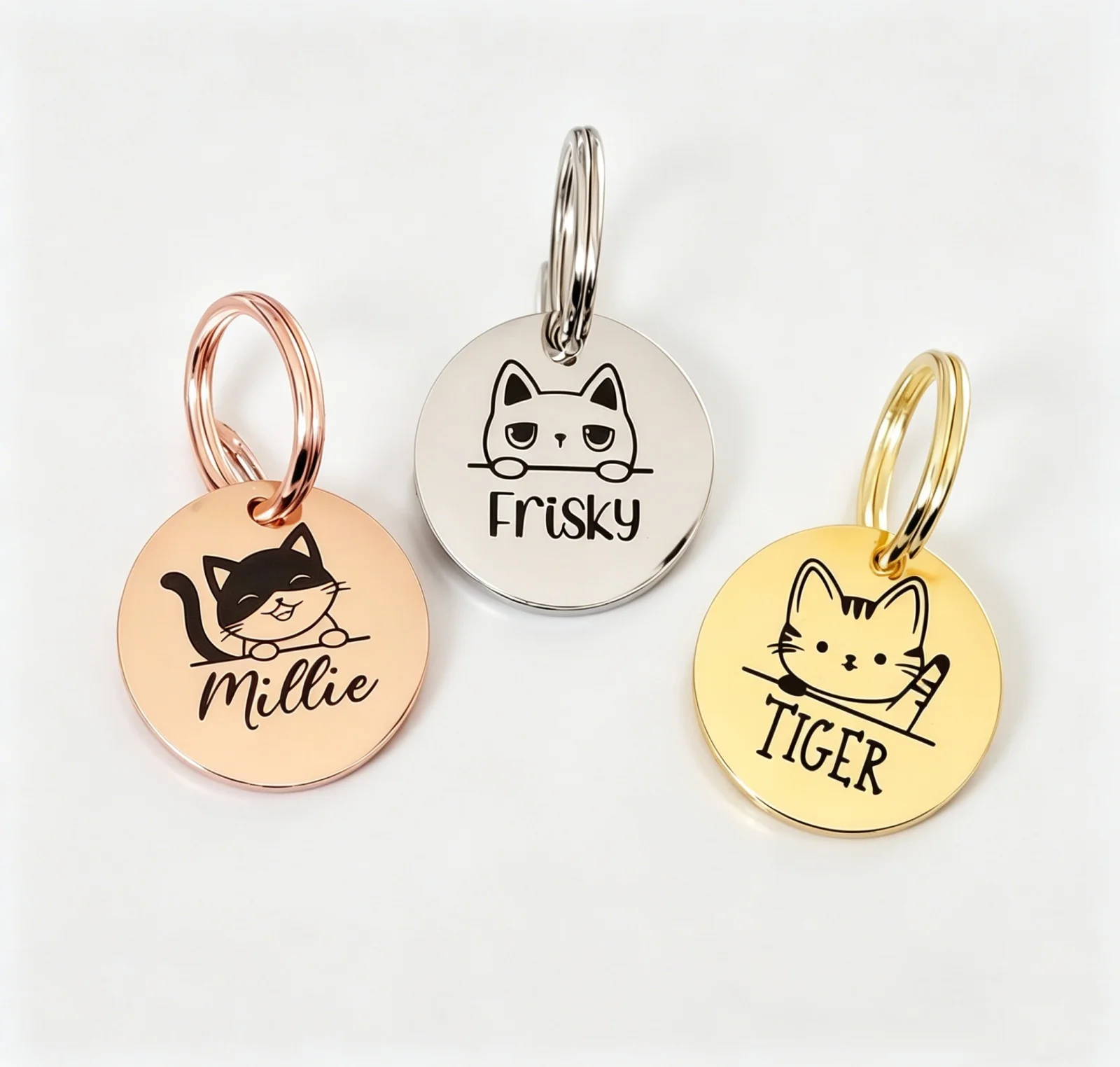 Compact Laser-Engraved Cat ID Tags in Stainless Steel - Available in Silver, Gold, and Rose Gold