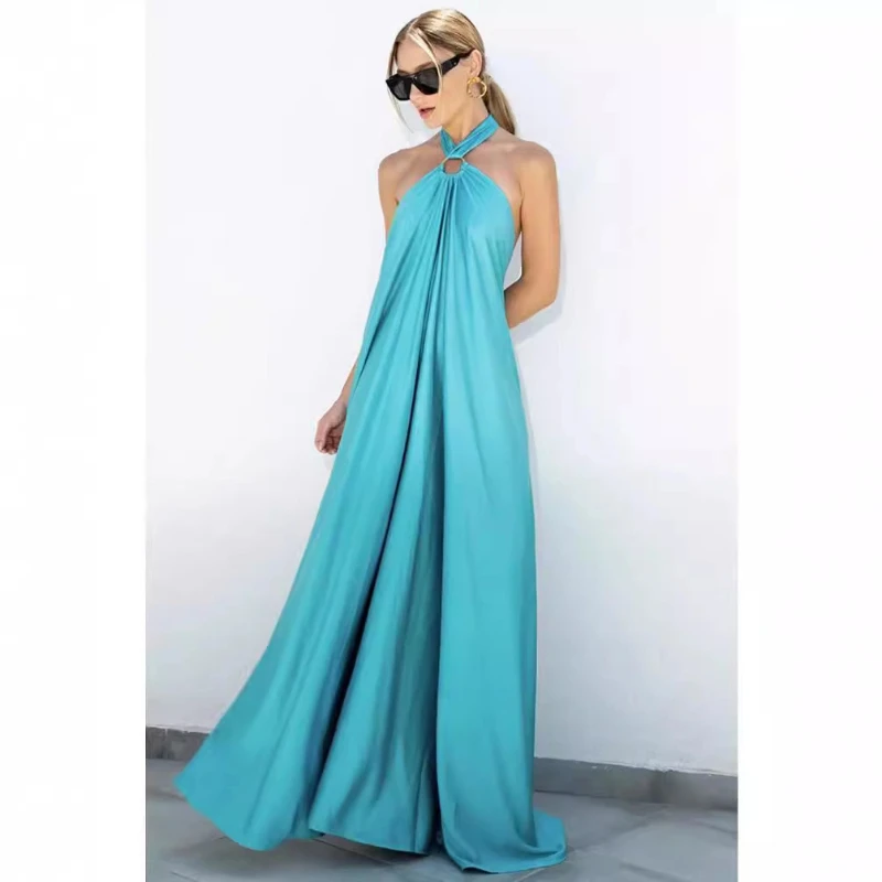 New Women's Sleeveless Loose Dress Sexy Back Strap Halter Solid Color Party Evening Dress 24835
