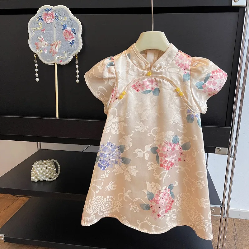 

HoneyCherry Summer New Girls Cheongsam Collar Dress Retro Chinese Style Cheongsam Girls Clothes Flower Girl Dresses