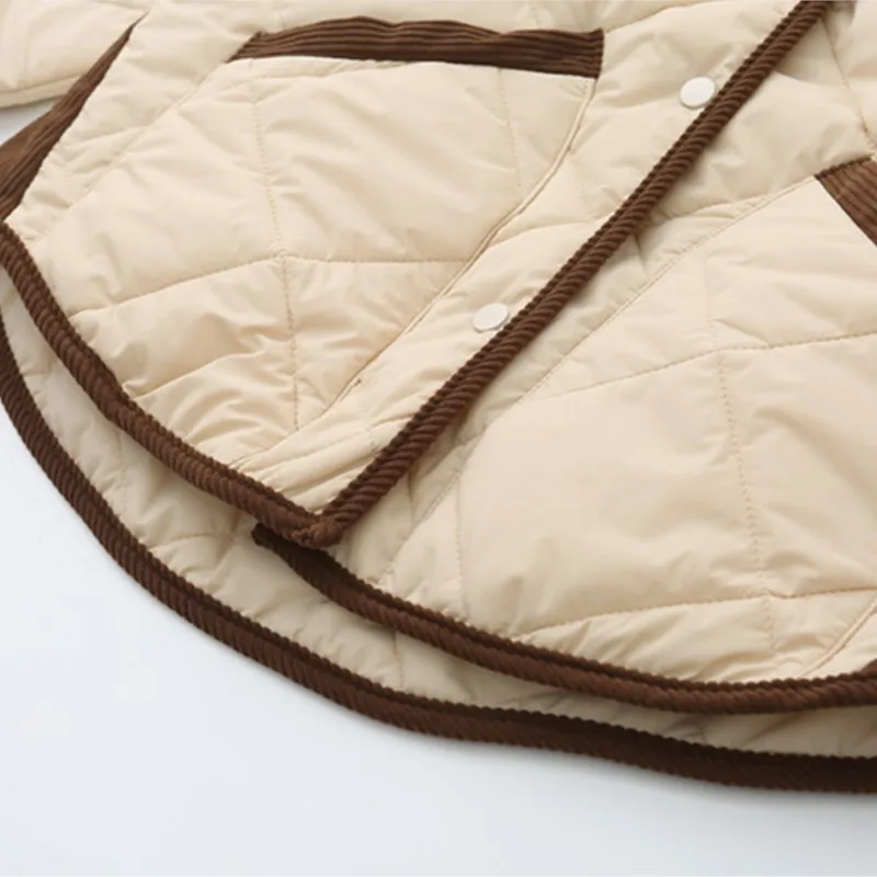 Womens Plus Size Winter Parkas Casual Clothing Block Color Lapel Argyle Padded Jacket Curved Hems Drop Shoulder Coats S52 8213