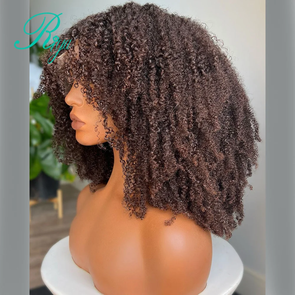 Afro Kinky Curly Brown 360 Full Lace Wig Short Bob Cut Wig with Bang Remy Human Hair Wigs 4X4 Lace Closure 250% Remy