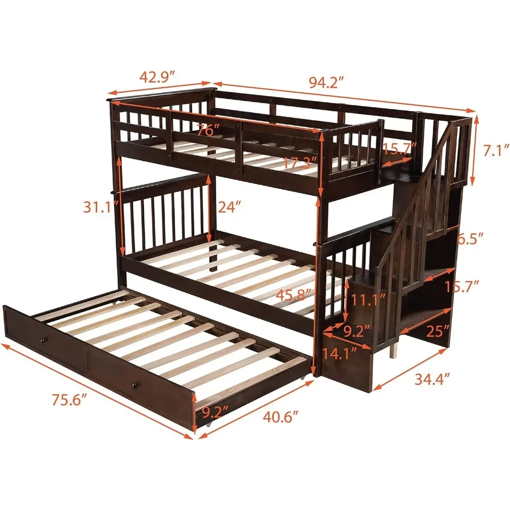 Twin Over Twin Bunk Bed with Stairs and Trundle, Solid Wood Stairway Bunk Bed Frame with Storage, for Kids Teens Adults Bunk Bed 2