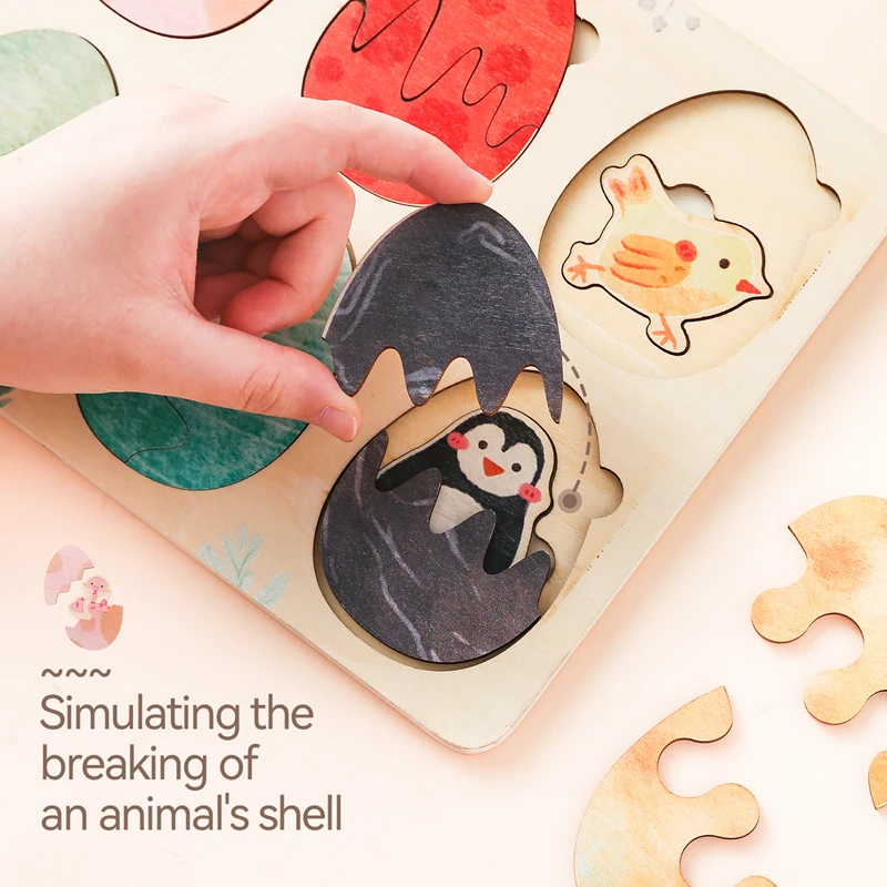 Baby Toys Montessori Wooden Puzzles Kids Cartoon Egg Shape Toys Hand Grab Board Animals Cognition Learning Educational Toys Gift 4