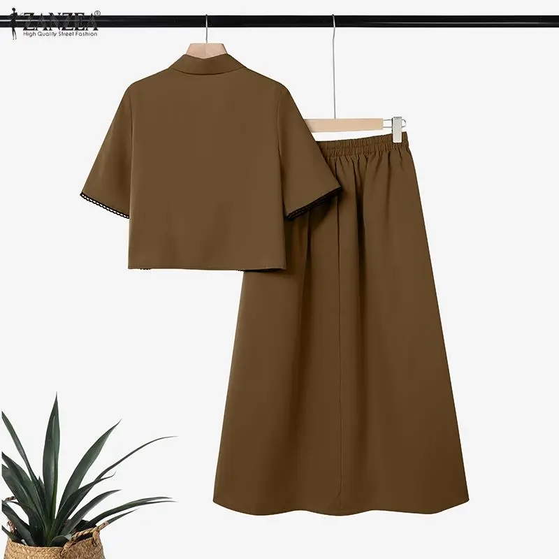 2026 Sommer-Outfits ZANZEA Damen Patchwork 2-teilige Sets Elegantes Hemd mit Reverskragen und Kurzarm A-Linien-Kleid Passende Sets – Detail 11