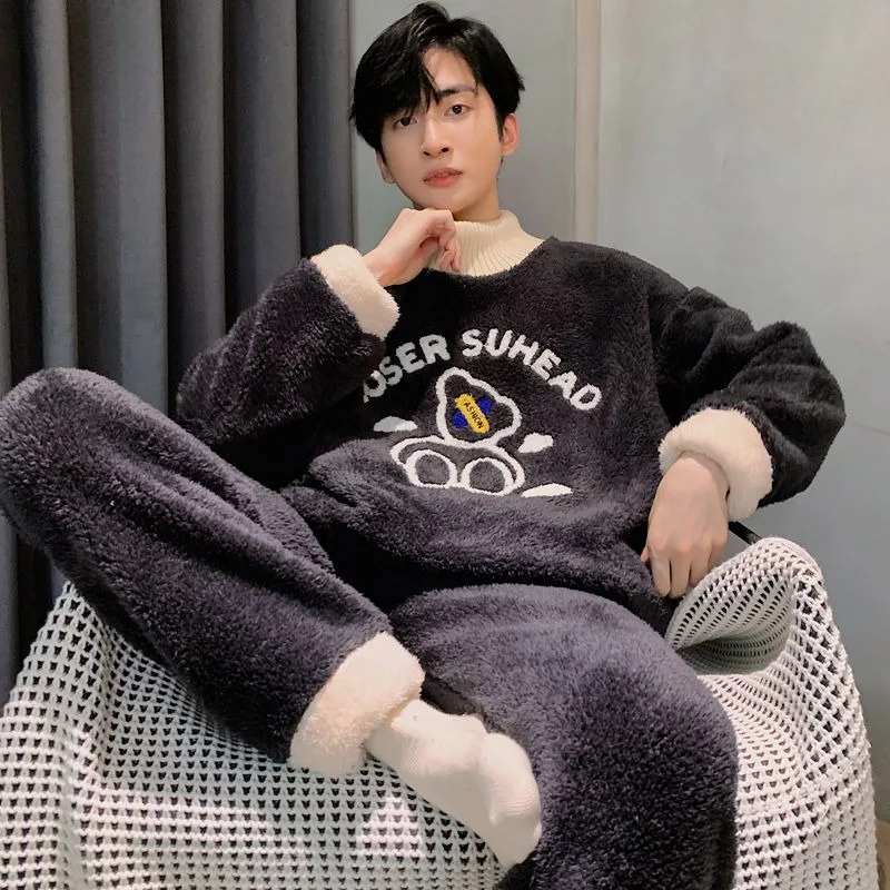 Men Pajamas Autumn Winter Coral Fleece Thickened Fleece-lined Warm Loungewear Suit Teenagers Round Neck Casual Nightclothes Sets