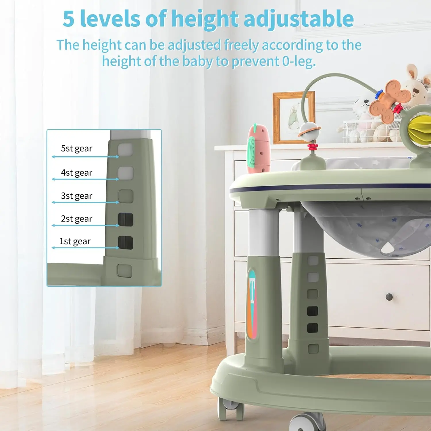 Baby Walker 5 Adjustable Heights Baby Activity Center 360&deg; Swivel Seat Music Detachable Toys Bounce Foot Pad