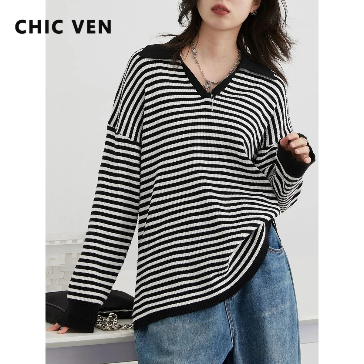 

CHIC VEN Fashion Women Sweaters Casual Loose New Polo Collar Contrast Stripe Jumpers Pullover Knit Female Top Autumn Winter 2023