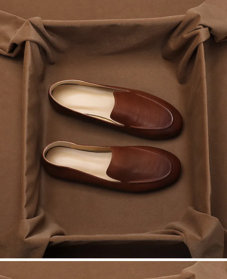 SHOEBOX 한국어 버전 편안한 부드러운 가죽 로퍼, 영국 스타일 플랫 바닥 라운드 토 천연 가죽 싱글 슈즈