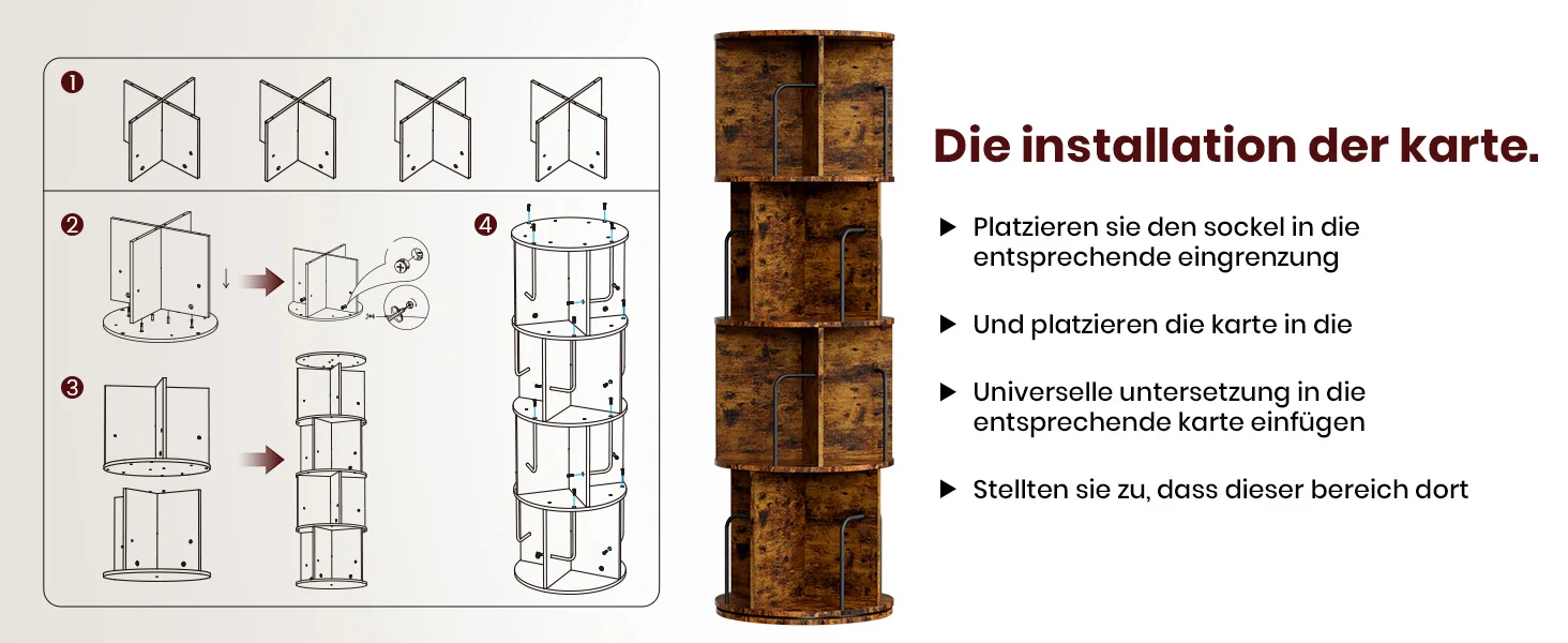 Oak & Tea 4-stöckiges drehbares Holz-Bücherregal 360° Rundum-Zugang & platzsparend | Multifunktional für Büro Wohnzimme | Braun – Detail 10