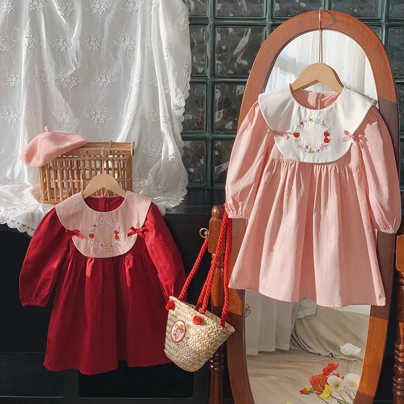 

Повседневные платья для девочек, детская одежда с отложным воротником и цветочной вышивкой, платье принцессы для девочек от 2 до 7 лет