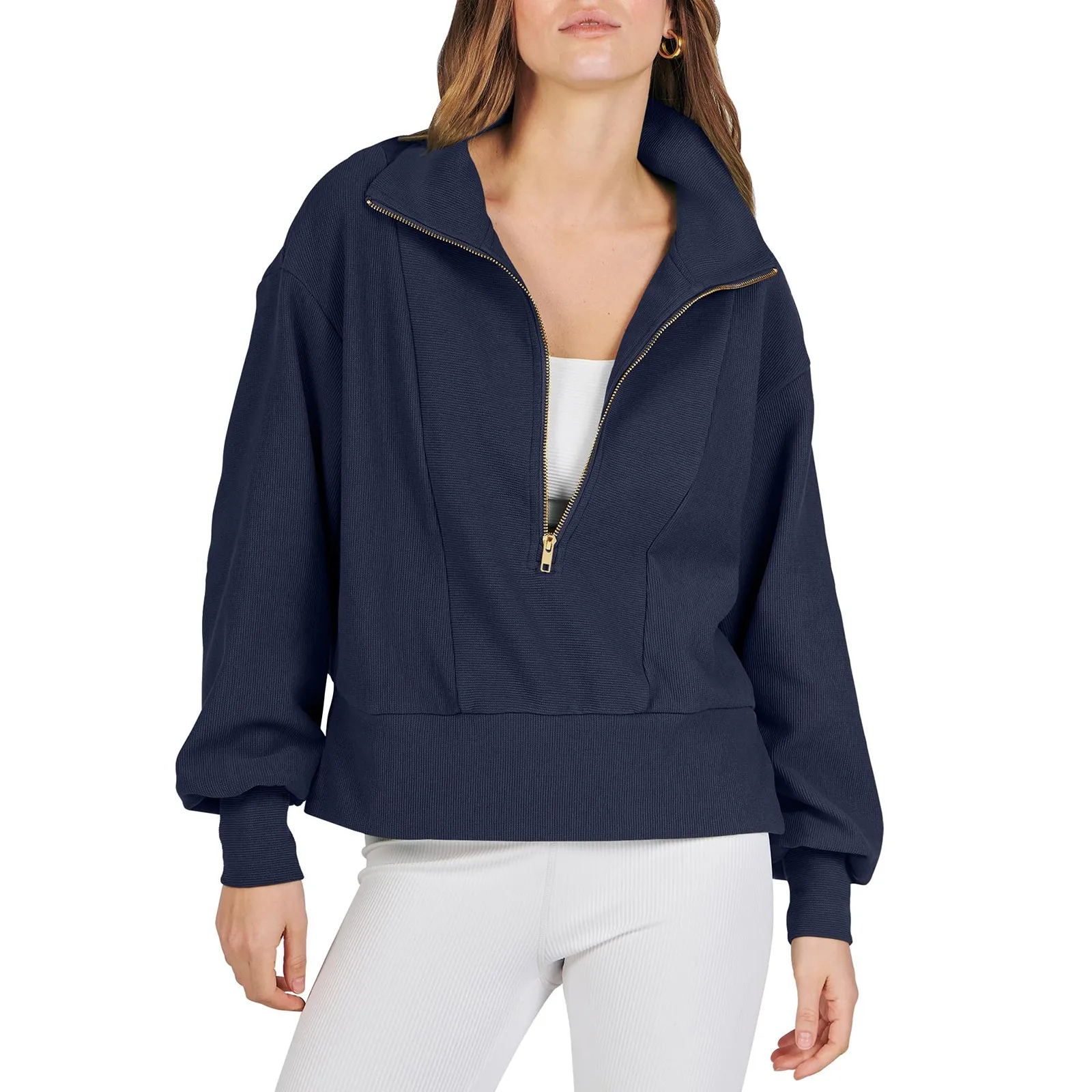 

Women Half Zip Cropped Sweatshirt Casual Fleece Quarter Zip Up Rib Knit Pullover Fall Top