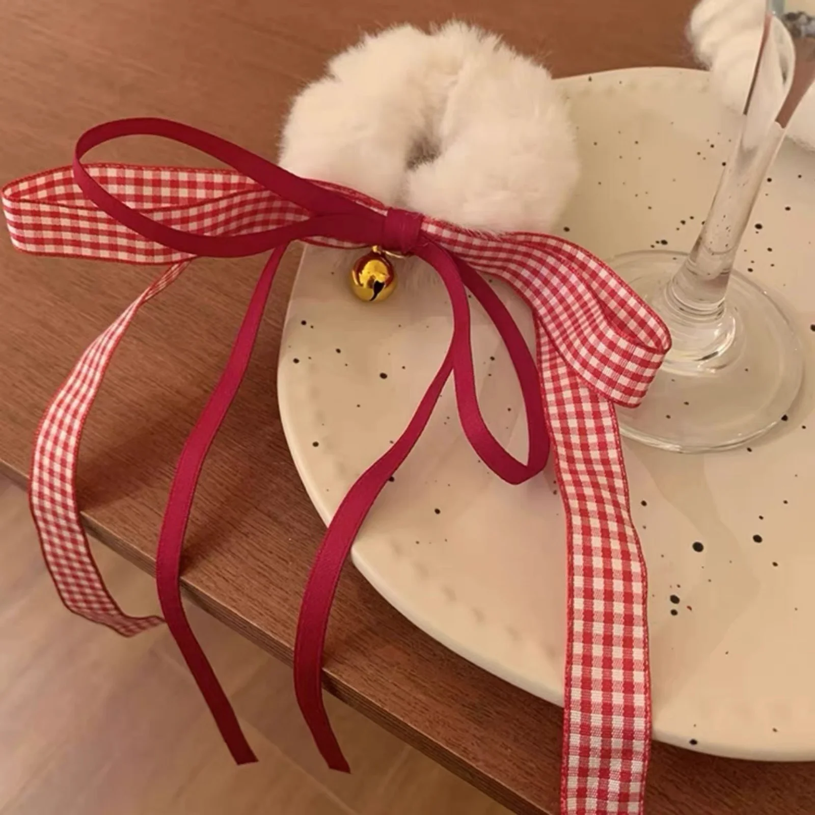 1PC New Year Fuzzy Scrunchie With Bow, Red Gingham Ribbon Hair Tie,Cute Bell Decor Hair Accessory For Women,Festive Elastic Hair