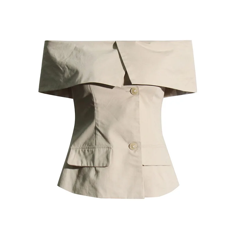 2024 Women's Elegant One Shoulder Khaki Jacket Summer Brand Design Off-Shoulder Slim Suit Top for Women