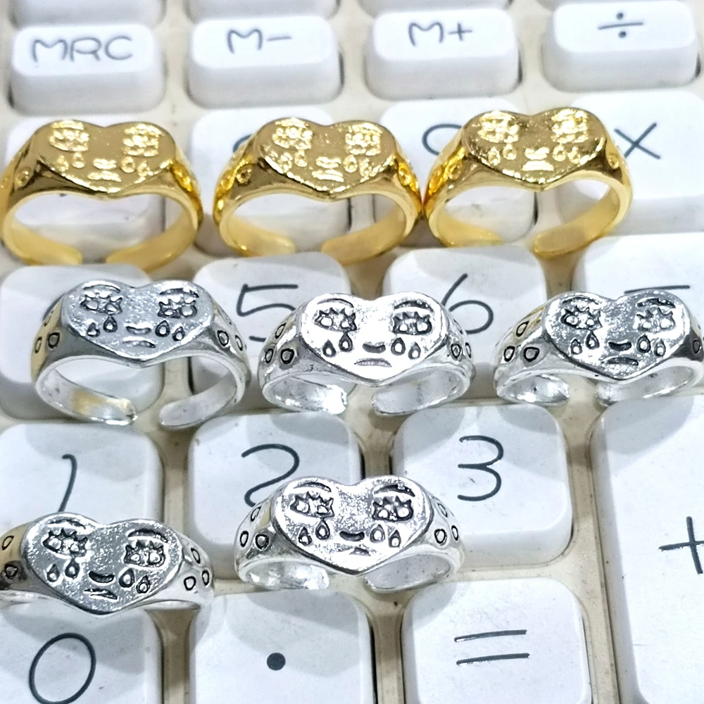 30pcs Vintage Silver Plated Crying Face Adjustable Ring Women's Tears Open Rings Heart Shape Female Girls Accessories 5