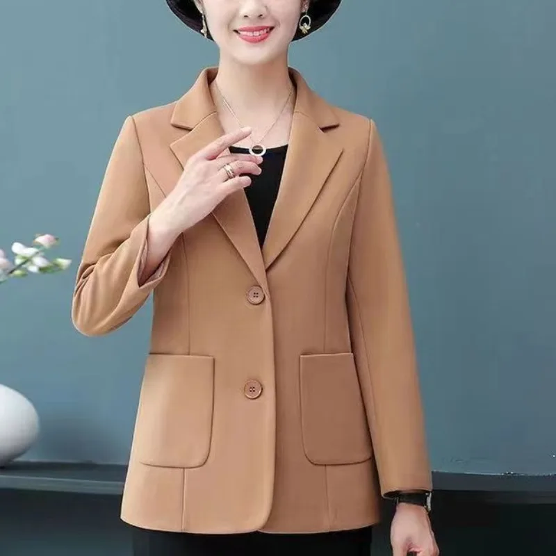 Spring and Autumn Women's Solid Color Suit Collar Pocket Button Slim Fit Long Sleeve Coat Fashion Elegant Commuter Casual Tops