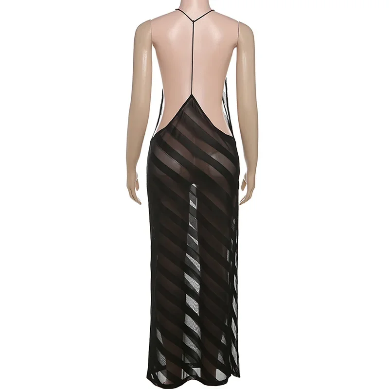 Mesh See Through Sexy Halter Party Club Maxi Split Dress