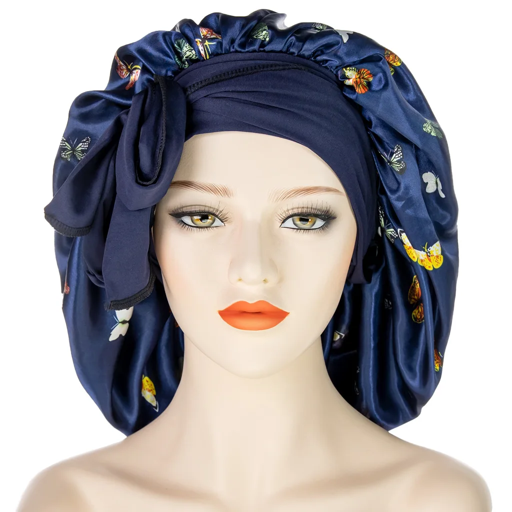 Fshion Floral Print Large Satin Bonnet Hat for Women Long Silk Head Cover Wide Night Sleeping Hat 6