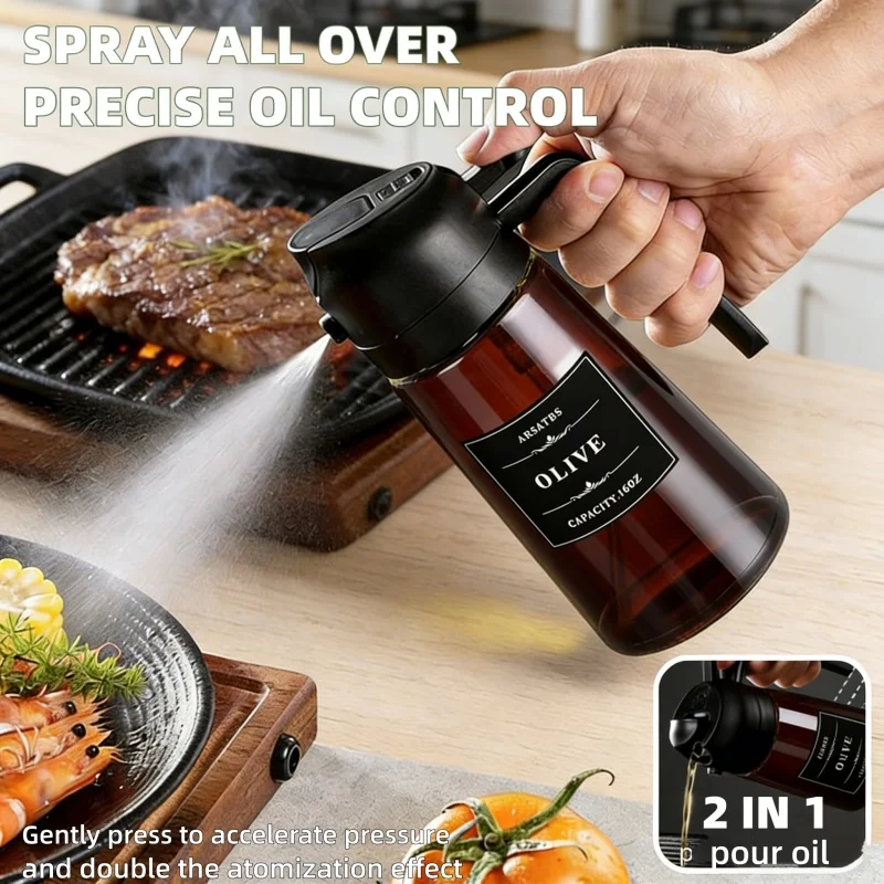2-in-1 16oz 470ml Brown Glass Oil Sprayer Leakproof Eco-Friendly Olive Oil Dispenser Perfect for Cooking BBQ Grill Air Fryer 1