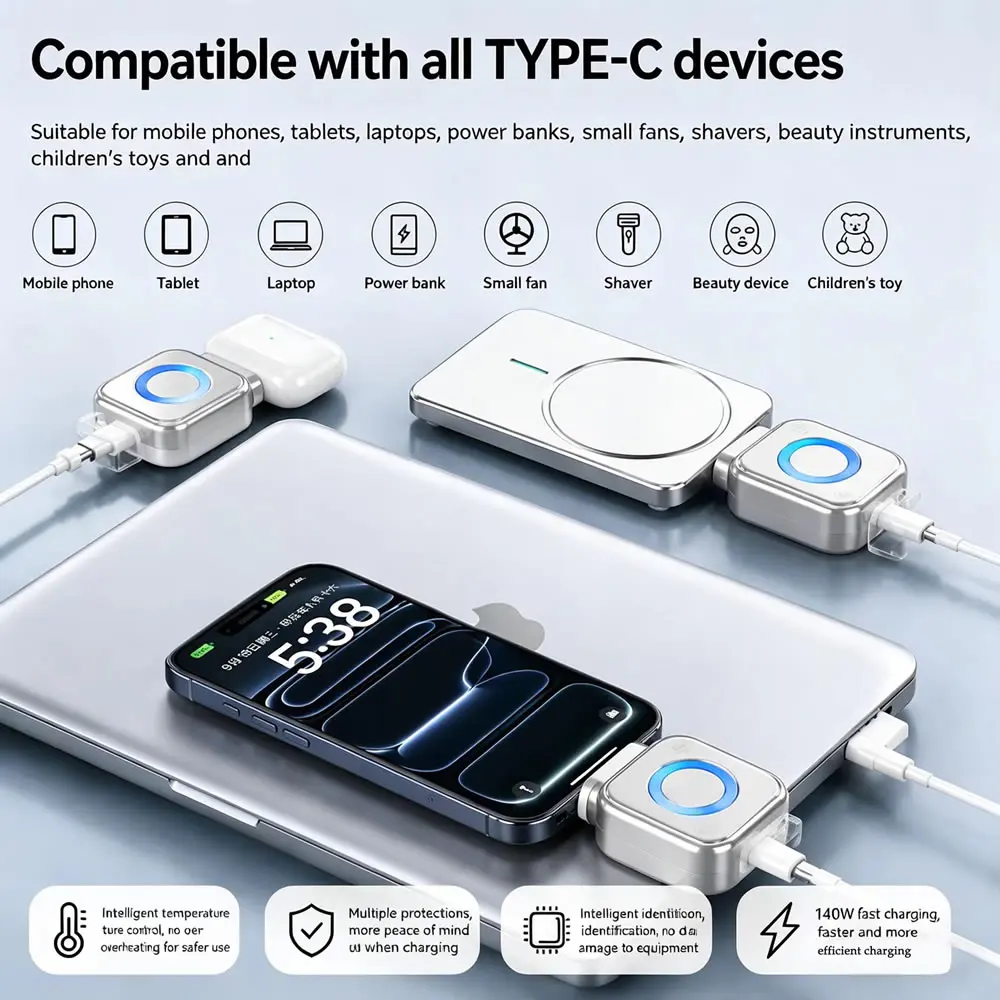 140W 스마트 풀차지 셀프컷 USB 타입-C 어댑터, 야간 충전용 USB-C 자동 차단 기능, 과충전 방지 분리기