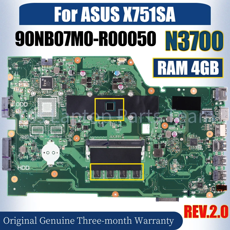 

REV:2.0 For ASUS X751SA Laptop Mainboard 90NB07M0-R00050 N3700 With RAM 4GB 100％ fully Tested Notebook Motherboard