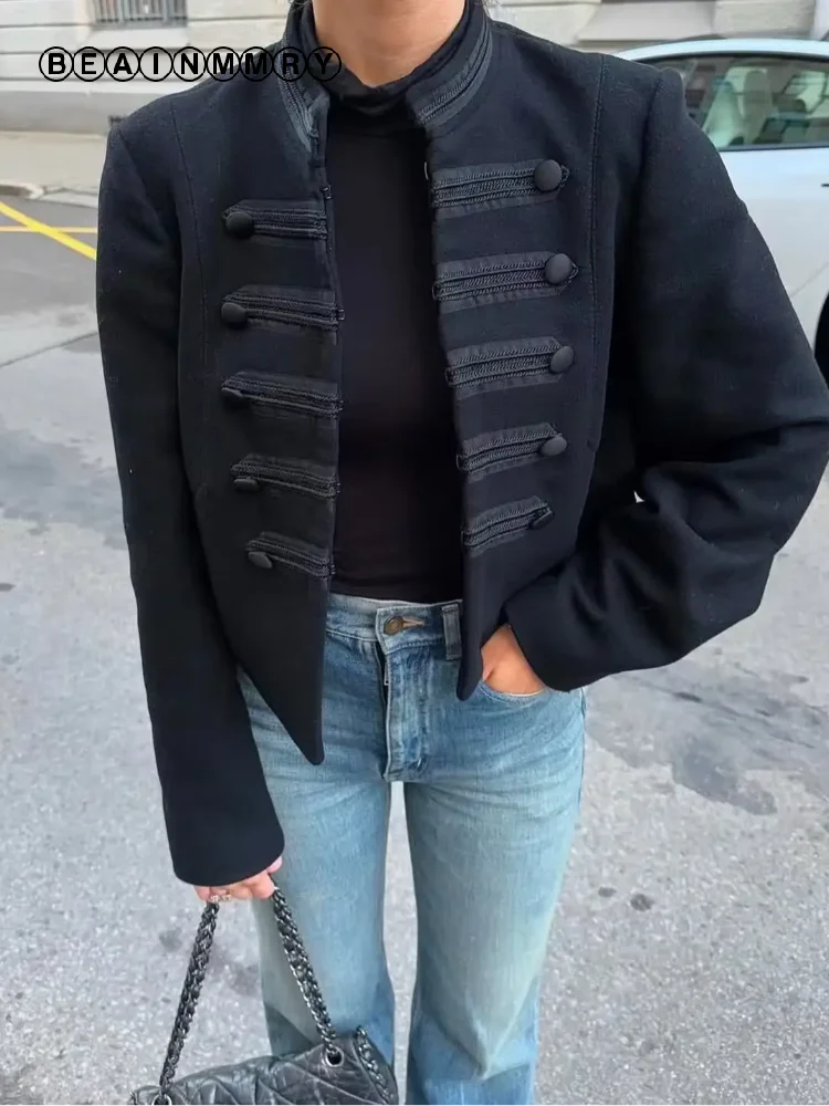 Women Chic Denim Military Jacket Casual Solid Stand Collar Single Breasted Short Coat 2026 New Lady Daily High Street Outerwear