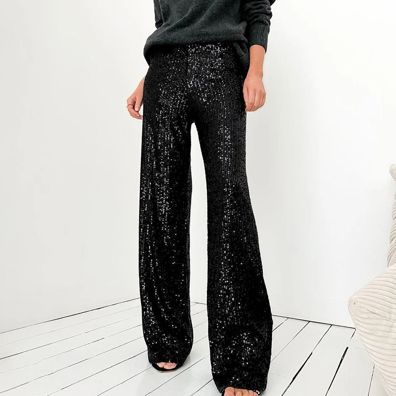 

Women's Fashion Casual Sequin Straight Shiny Trousers New High Waist Slim Party Outer Street Wear Party Pants