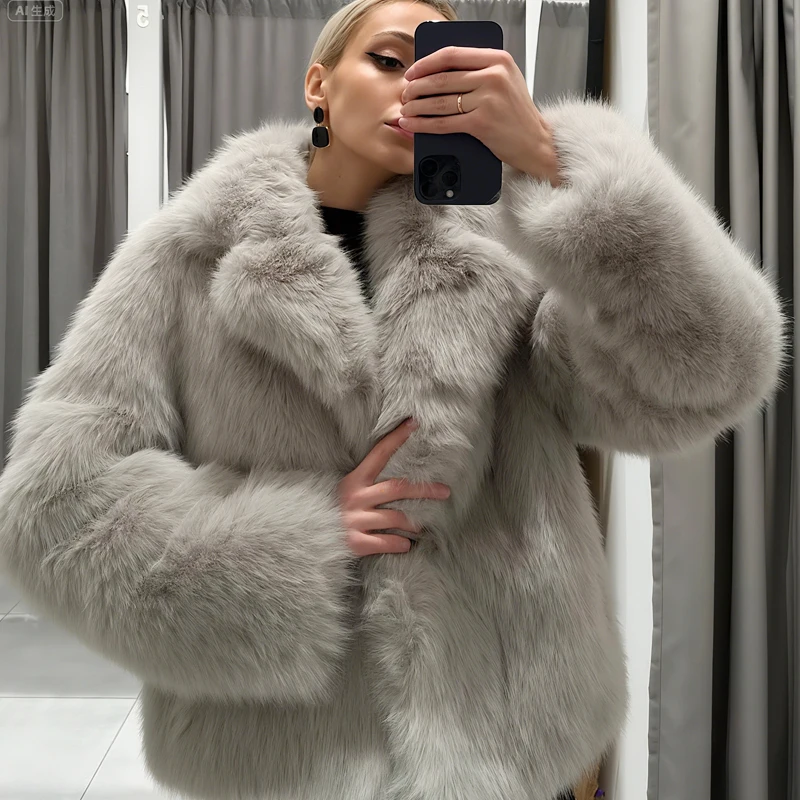 HXAO رمادي الفراء سترة سترة نسائية الخريف الشتاء م...