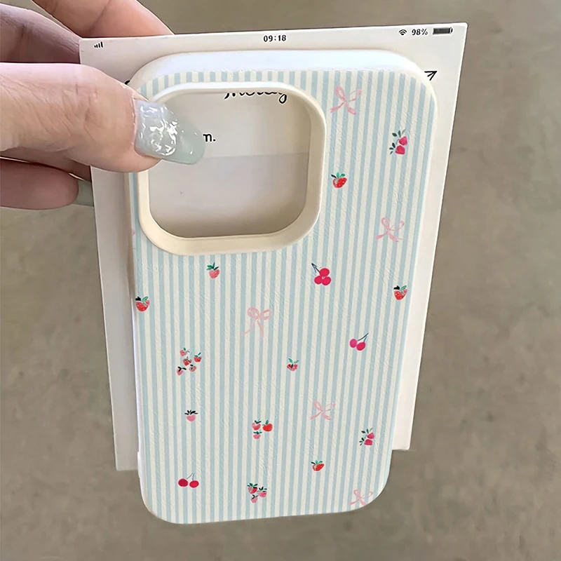 Blue Striped Cherry & Strawberry Pattern Phone Case Cover
