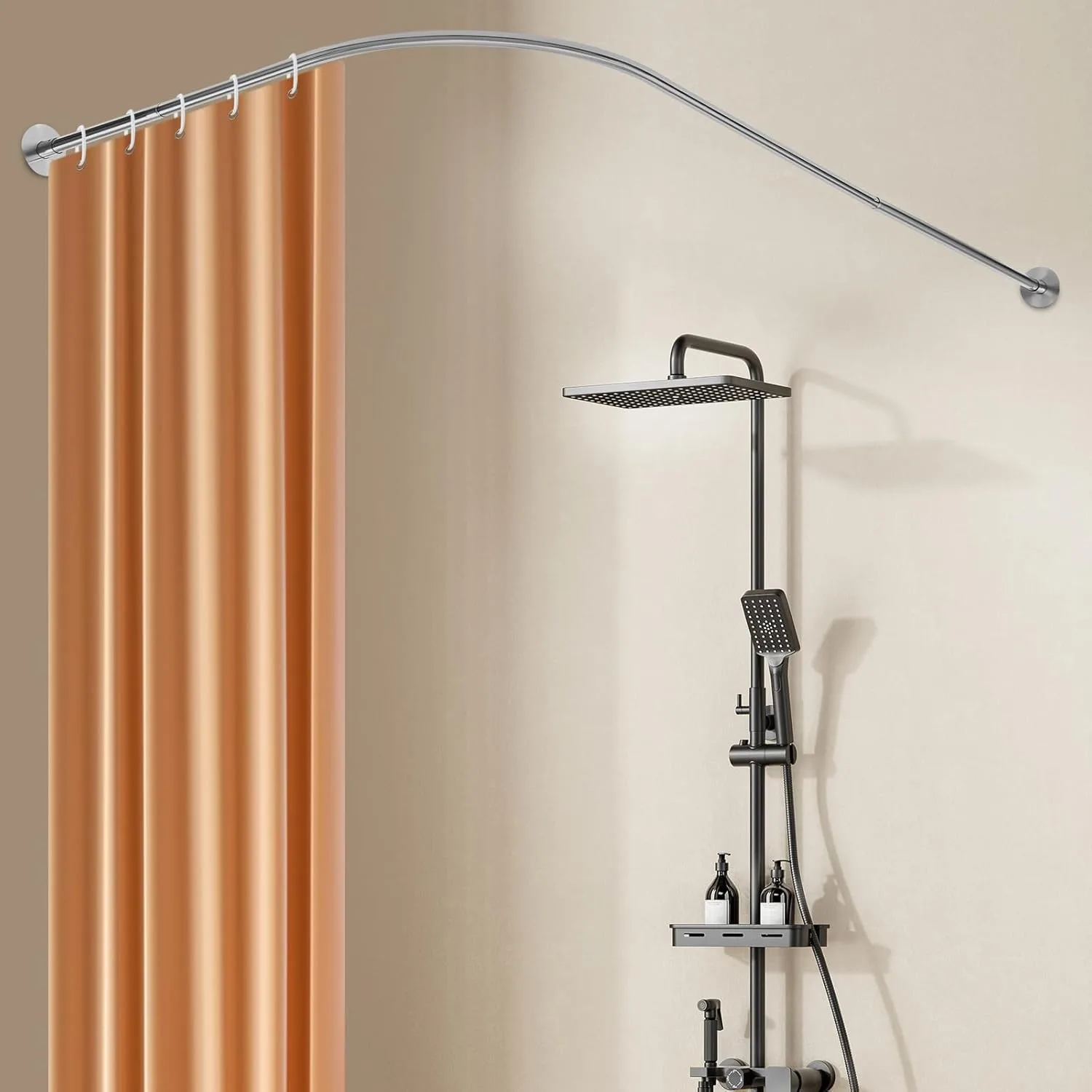 Verstellbare L-förmige Duschvorhangstange aus Edelstahl, rostbeständig, passend für kleine und unregelmäßige Räume, modernes Badezimmer-Design – Detail 1