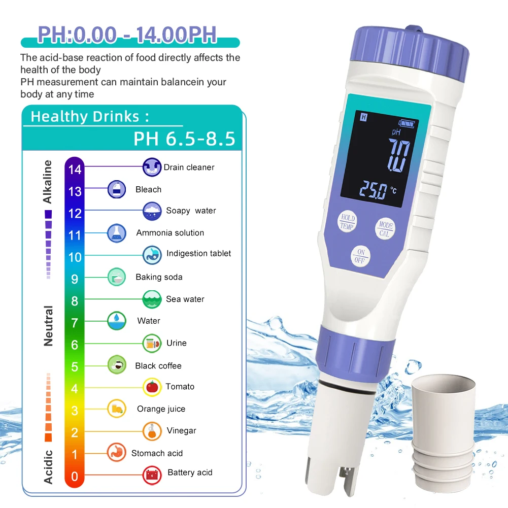 Water Tester PH Meter YAGO Hydrogen Water Tester 7-in-1 TDS EC H2 ORP Salt Temp PH Meter for Drinking Water Pool Aquarium