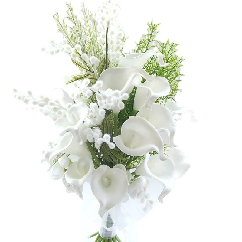 Bridal Bouquet's hand simulated floral bouquet held in a photo studio, sample room, floral design with white calla lily FH550